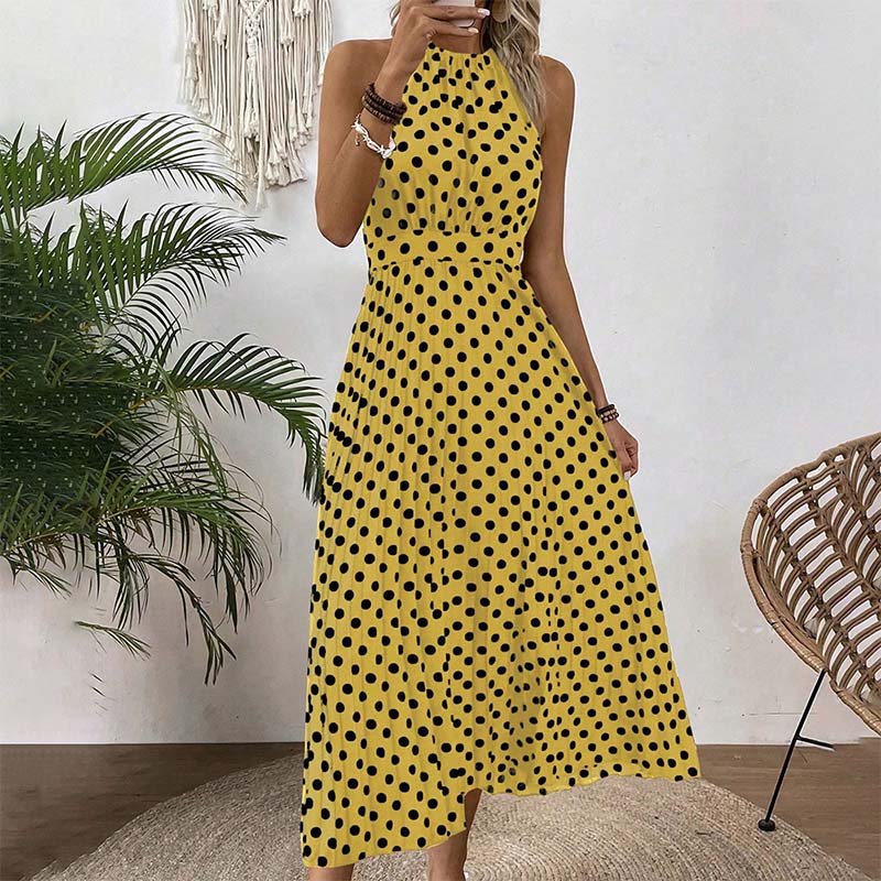 ⏰Robe Femme Pois & Dos Nu – Coupe Haute Taille, Jupe Plissée, Sans Manches, 3 Couleurs, 4 Tailles, Style Rétro & Élégant ✨