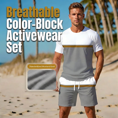 🏖️PROMO FLASH 50%👕Ensemble Sport Été Homme Color-Block – T-shirt Respirant + Short Cordon, 2 Pièces, 8 Tailles, Idéal Plage & Sport🌴