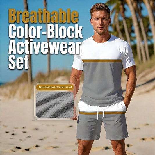 🏖️PROMO FLASH 50%👕Ensemble Sport Été Homme Color-Block – T-shirt Respirant + Short Cordon, 2 Pièces, 8 Tailles, Idéal Plage & Sport🌴