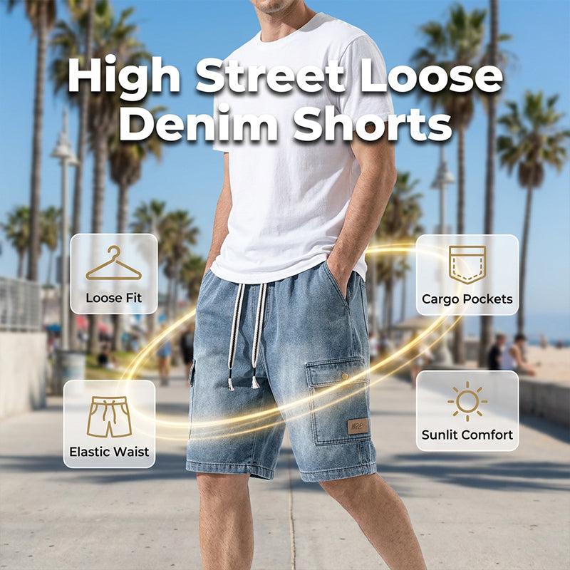 👖PROMO FLASH 50%🏙️Short Cargo Denim Ample Homme – Style Urbain, Poches Profondes, Ceinture Élastique, 3 Couleurs, Tailles M-3XL, Idéal Streetwear & Été🛹