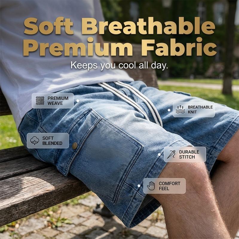 👖PROMO FLASH 50%🏙️Short Cargo Denim Ample Homme – Style Urbain, Poches Profondes, Ceinture Élastique, 3 Couleurs, Tailles M-3XL, Idéal Streetwear & Été🛹