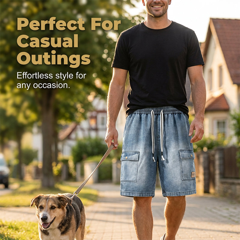 👖PROMO FLASH 50%🏙️Short Cargo Denim Ample Homme – Style Urbain, Poches Profondes, Ceinture Élastique, 3 Couleurs, Tailles M-3XL, Idéal Streetwear & Été🛹