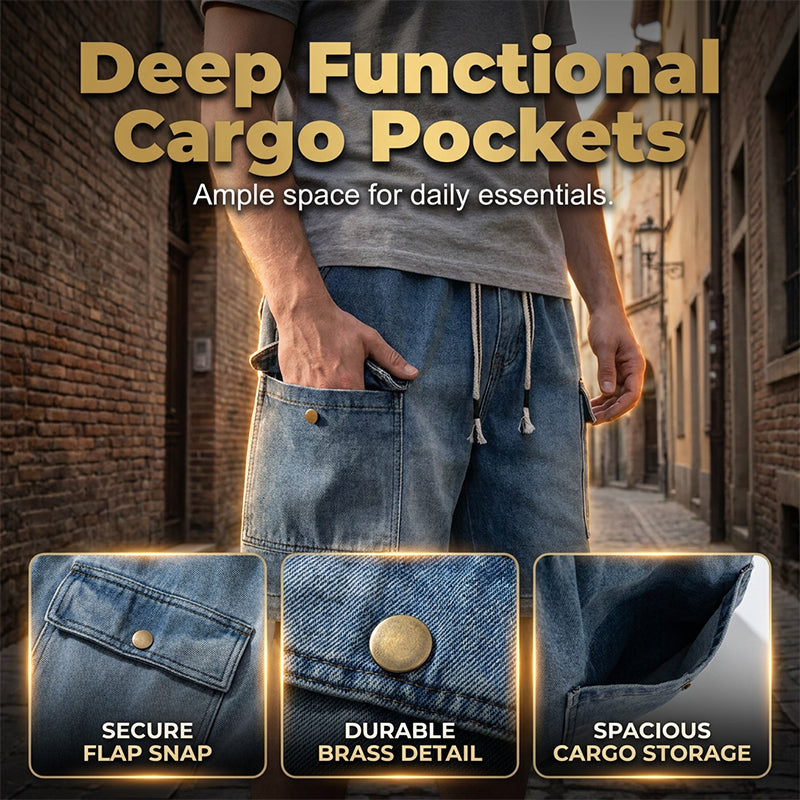 👖PROMO FLASH 50%🏙️Short Cargo Denim Ample Homme – Style Urbain, Poches Profondes, Ceinture Élastique, 3 Couleurs, Tailles M-3XL, Idéal Streetwear & Été🛹