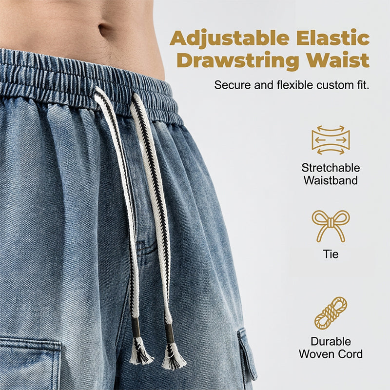 👖PROMO FLASH 50%🏙️Short Cargo Denim Ample Homme – Style Urbain, Poches Profondes, Ceinture Élastique, 3 Couleurs, Tailles M-3XL, Idéal Streetwear & Été🛹