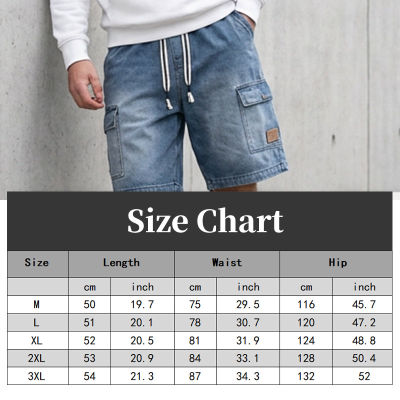 👖PROMO FLASH 50%🏙️Short Cargo Denim Ample Homme – Style Urbain, Poches Profondes, Ceinture Élastique, 3 Couleurs, Tailles M-3XL, Idéal Streetwear & Été🛹