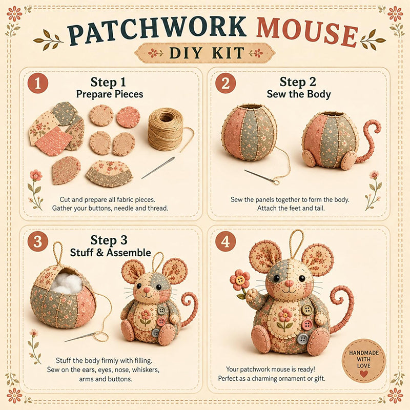 🐭✨ PROMO FLASH 50% ! Trousse à Couture Vintage Faite Main en Forme de Souris – Kit DIY Patchwork, 3 Coloris, Idéal Débutants & Passionnés 🧵