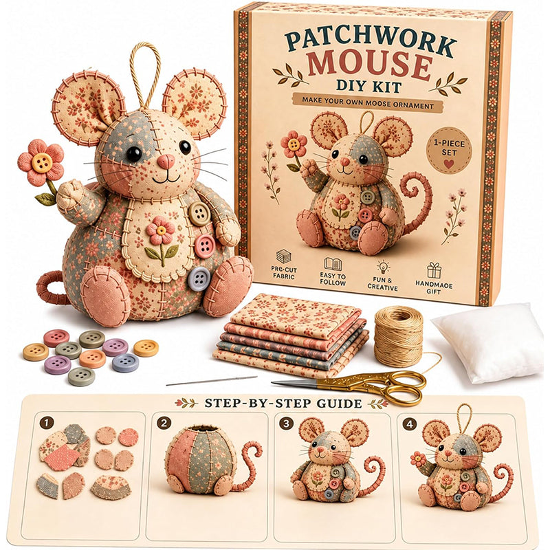 🐭✨ PROMO FLASH 50% ! Trousse à Couture Vintage Faite Main en Forme de Souris – Kit DIY Patchwork, 3 Coloris, Idéal Débutants & Passionnés 🧵