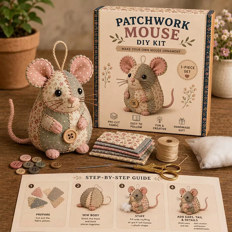 🐭✨ PROMO FLASH 50% ! Trousse à Couture Vintage Faite Main en Forme de Souris – Kit DIY Patchwork, 3 Coloris, Idéal Débutants & Passionnés 🧵
