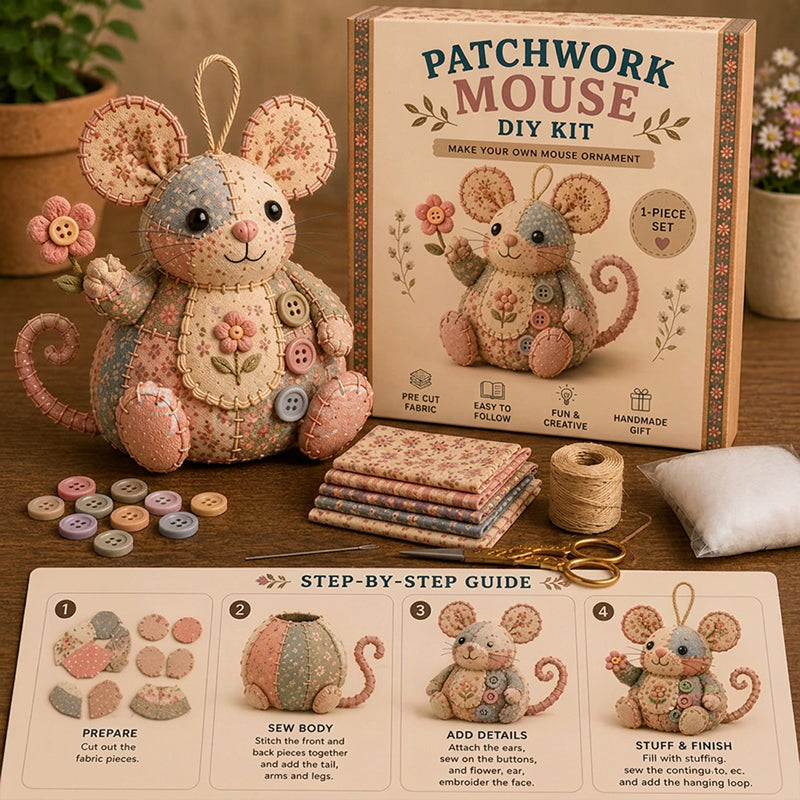 🐭✨ PROMO FLASH 50% ! Trousse à Couture Vintage Faite Main en Forme de Souris – Kit DIY Patchwork, 3 Coloris, Idéal Débutants & Passionnés 🧵