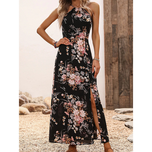 👗🌀🌙 OFFRE LIMITÉE 50% DE RÉDUCTION! Robe Halter à Imprimé Floral et Fente Latérale – Encolure Avantageuse, Ouverture Jambe Séduisante, Tissu Léger – Faites Sensation lors des Cocktails ou des Soirées 🍸✨