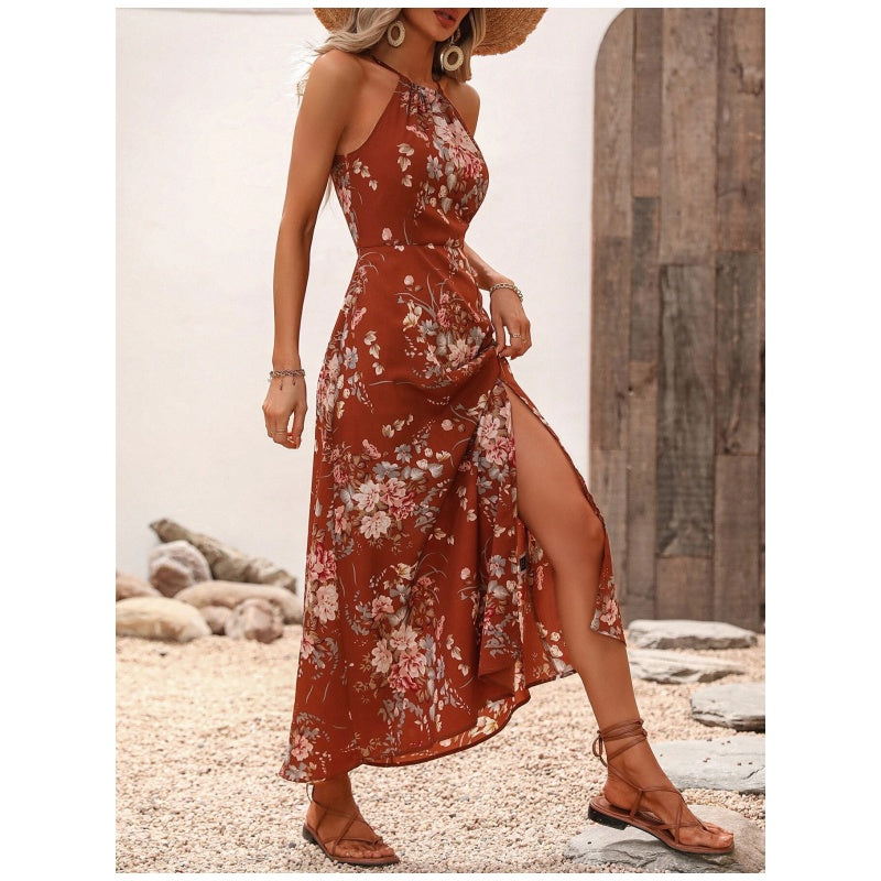 👗🌀🌙 OFFRE LIMITÉE 50% DE RÉDUCTION! Robe Halter à Imprimé Floral et Fente Latérale – Encolure Avantageuse, Ouverture Jambe Séduisante, Tissu Léger – Faites Sensation lors des Cocktails ou des Soirées 🍸✨