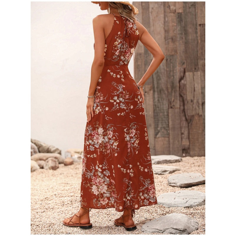 👗🌀🌙 OFFRE LIMITÉE 50% DE RÉDUCTION! Robe Halter à Imprimé Floral et Fente Latérale – Encolure Avantageuse, Ouverture Jambe Séduisante, Tissu Léger – Faites Sensation lors des Cocktails ou des Soirées 🍸✨