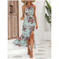 👗🌀🌙 OFFRE LIMITÉE 50% DE RÉDUCTION! Robe Halter à Imprimé Floral et Fente Latérale – Encolure Avantageuse, Ouverture Jambe Séduisante, Tissu Léger – Faites Sensation lors des Cocktails ou des Soirées 🍸✨