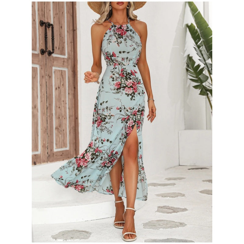 👗🌀🌙 OFFRE LIMITÉE 50% DE RÉDUCTION! Robe Halter à Imprimé Floral et Fente Latérale – Encolure Avantageuse, Ouverture Jambe Séduisante, Tissu Léger – Faites Sensation lors des Cocktails ou des Soirées 🍸✨