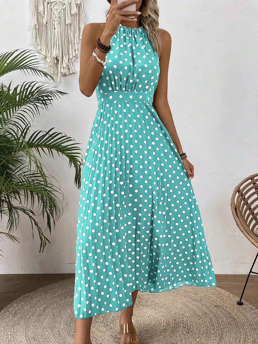 ⏰Robe Femme Pois & Dos Nu – Coupe Haute Taille, Jupe Plissée, Sans Manches, 3 Couleurs, 4 Tailles, Style Rétro & Élégant ✨