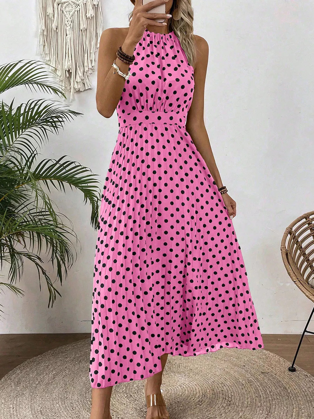 ⏰Robe Femme Pois & Dos Nu – Coupe Haute Taille, Jupe Plissée, Sans Manches, 3 Couleurs, 4 Tailles, Style Rétro & Élégant ✨