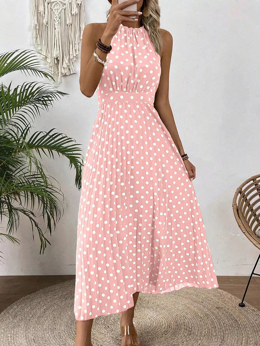 ⏰Robe Femme Pois & Dos Nu – Coupe Haute Taille, Jupe Plissée, Sans Manches, 3 Couleurs, 4 Tailles, Style Rétro & Élégant ✨