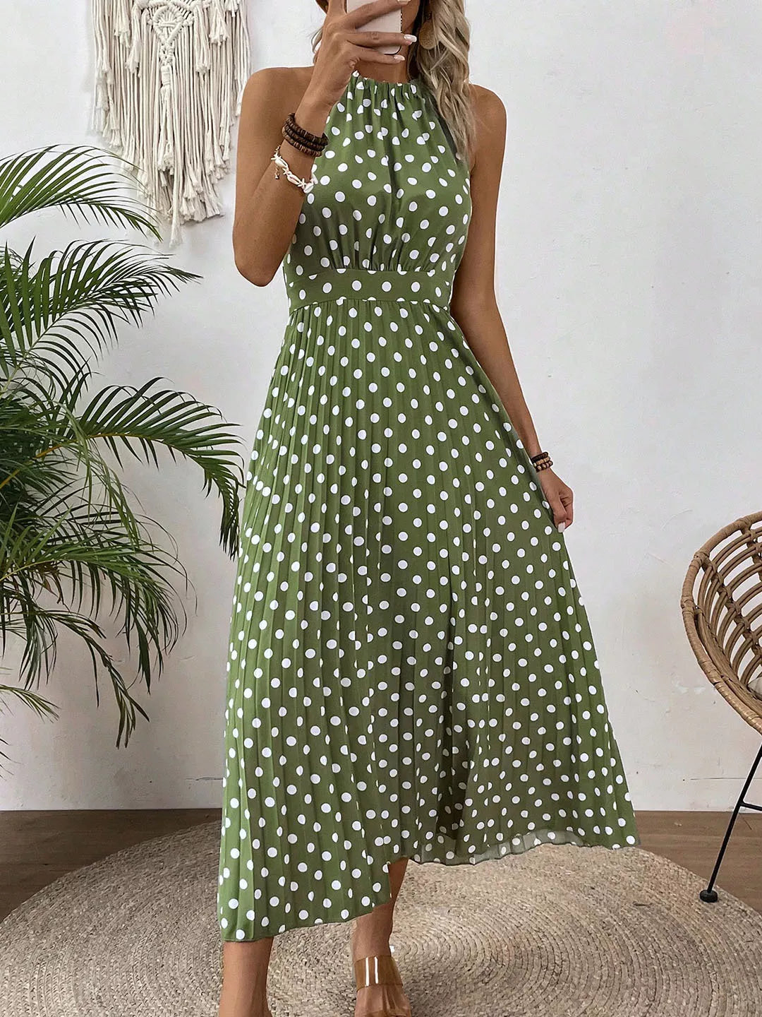 ⏰Robe Femme Pois & Dos Nu – Coupe Haute Taille, Jupe Plissée, Sans Manches, 3 Couleurs, 4 Tailles, Style Rétro & Élégant ✨