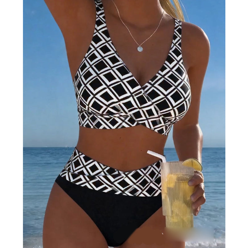👙 PROMO LIMITÉE -50% ! ☀️ Bikini Deux Pièces Taille Haute Femme – Col V, Motif Géométrique, Extensible & Séchage Rapide 🌊