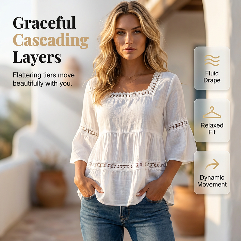 🌸💥 PROMO FLASH 50% ! Blouse Boho Col Carré – Dentelle Crochet, Manches Cloche, Respirante, 8 Couleurs, Tailles S-3XL, Idéale Été & Bohème ✨