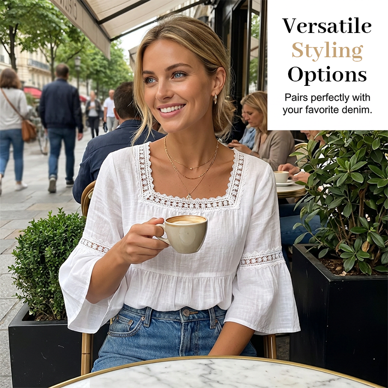 🌸💥 PROMO FLASH 50% ! Blouse Boho Col Carré – Dentelle Crochet, Manches Cloche, Respirante, 8 Couleurs, Tailles S-3XL, Idéale Été & Bohème ✨