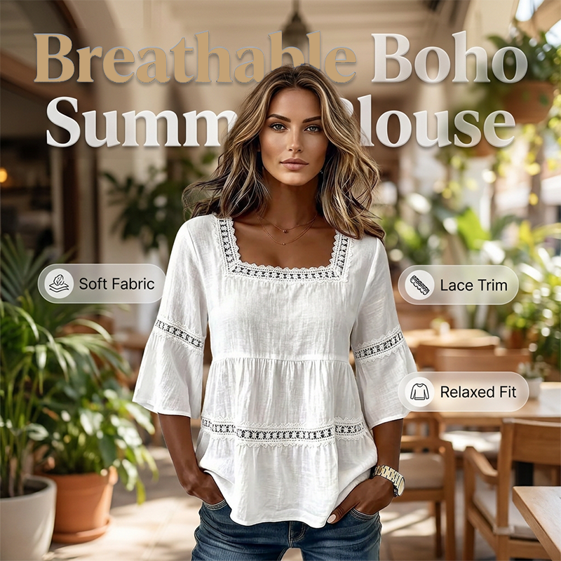 🌸💥 PROMO FLASH 50% ! Blouse Boho Col Carré – Dentelle Crochet, Manches Cloche, Respirante, 8 Couleurs, Tailles S-3XL, Idéale Été & Bohème ✨