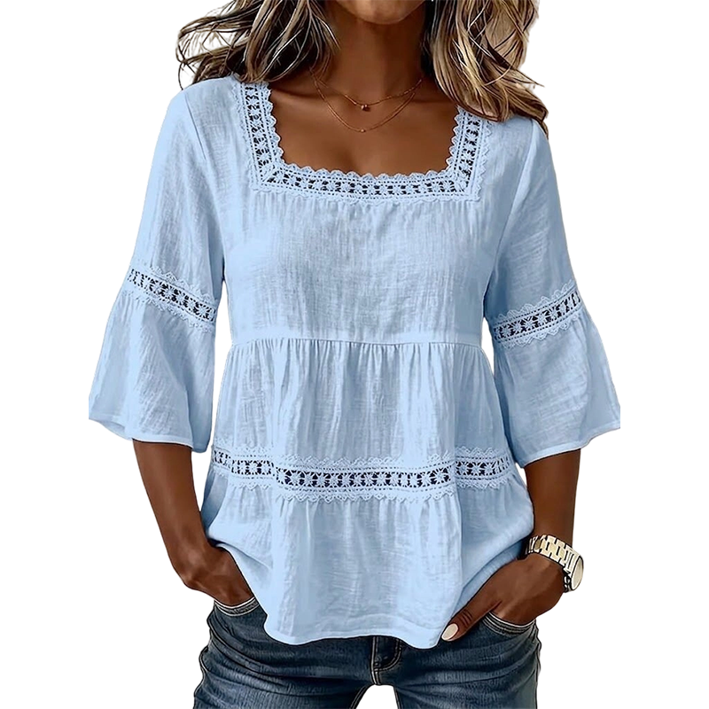 🌸💥 PROMO FLASH 50% ! Blouse Boho Col Carré – Dentelle Crochet, Manches Cloche, Respirante, 8 Couleurs, Tailles S-3XL, Idéale Été & Bohème ✨