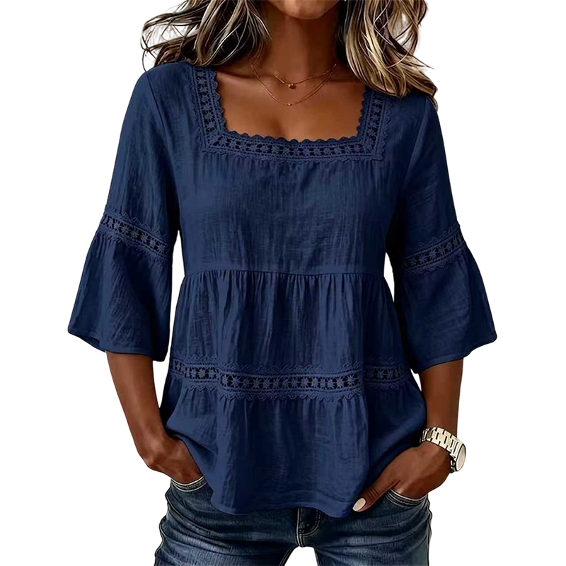 🌸💥 PROMO FLASH 50% ! Blouse Boho Col Carré – Dentelle Crochet, Manches Cloche, Respirante, 8 Couleurs, Tailles S-3XL, Idéale Été & Bohème ✨