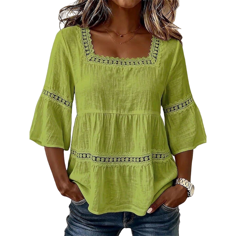 🌸💥 PROMO FLASH 50% ! Blouse Boho Col Carré – Dentelle Crochet, Manches Cloche, Respirante, 8 Couleurs, Tailles S-3XL, Idéale Été & Bohème ✨