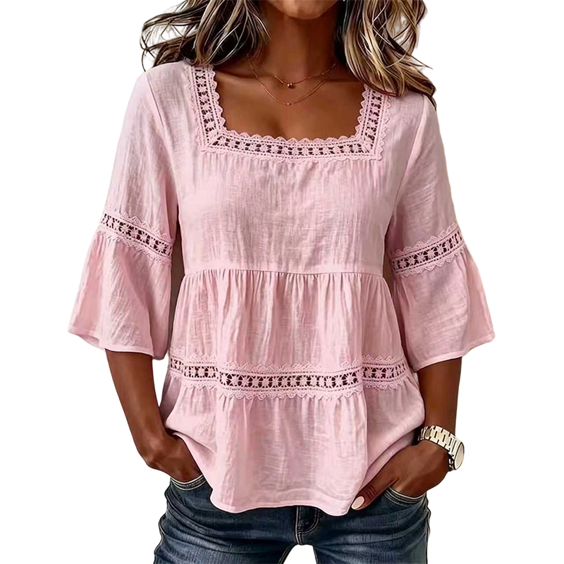 🌸💥 PROMO FLASH 50% ! Blouse Boho Col Carré – Dentelle Crochet, Manches Cloche, Respirante, 8 Couleurs, Tailles S-3XL, Idéale Été & Bohème ✨