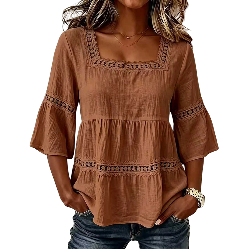 🌸💥 PROMO FLASH 50% ! Blouse Boho Col Carré – Dentelle Crochet, Manches Cloche, Respirante, 8 Couleurs, Tailles S-3XL, Idéale Été & Bohème ✨