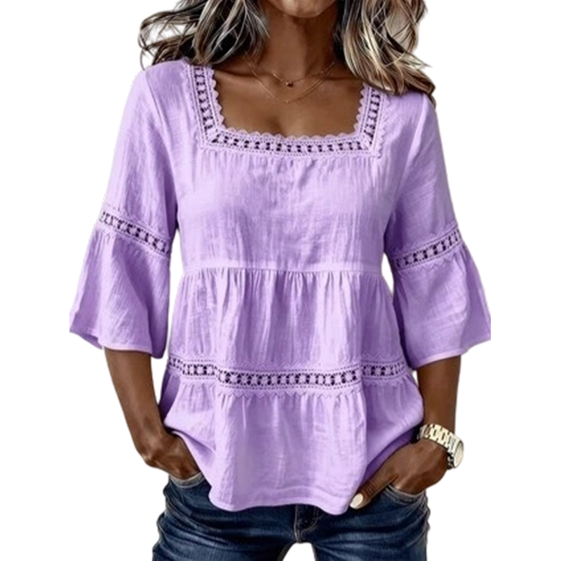 🌸💥 PROMO FLASH 50% ! Blouse Boho Col Carré – Dentelle Crochet, Manches Cloche, Respirante, 8 Couleurs, Tailles S-3XL, Idéale Été & Bohème ✨