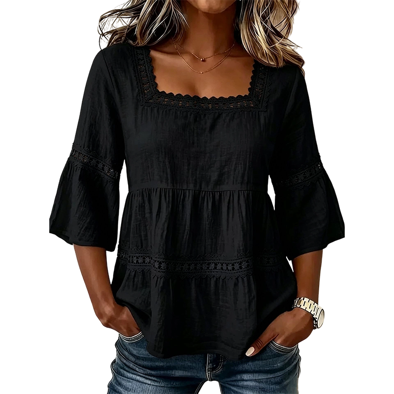 🌸💥 PROMO FLASH 50% ! Blouse Boho Col Carré – Dentelle Crochet, Manches Cloche, Respirante, 8 Couleurs, Tailles S-3XL, Idéale Été & Bohème ✨