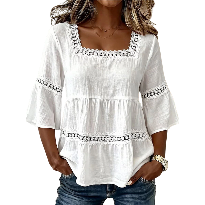 🌸💥 PROMO FLASH 50% ! Blouse Boho Col Carré – Dentelle Crochet, Manches Cloche, Respirante, 8 Couleurs, Tailles S-3XL, Idéale Été & Bohème ✨