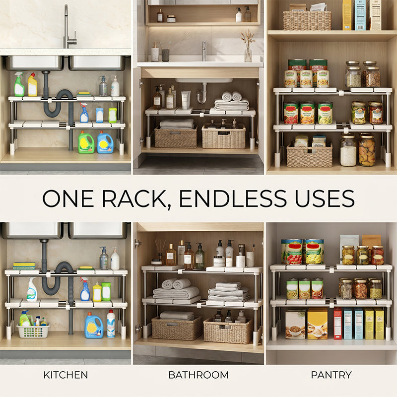 ⏳🍽️ PROMO FLASH -50% ! Étagère Coulissante Sous-Évier – Gain de Place, Drainage Rapide, 2 Niveaux, Installation Facile, Idéale Cuisine & Rangement 🧽