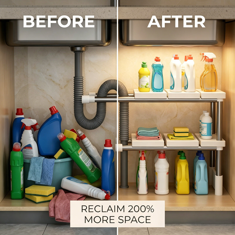 ⏳🍽️ PROMO FLASH -50% ! Étagère Coulissante Sous-Évier – Gain de Place, Drainage Rapide, 2 Niveaux, Installation Facile, Idéale Cuisine & Rangement 🧽