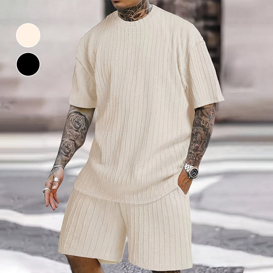 Ensemble de 2 pièces d'été pour hommes - T-shirt à épaules tombantes et short à cordon de serrage