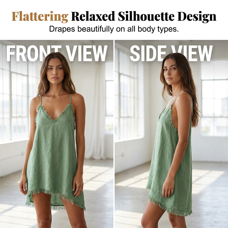 👗 50% DE RÉDUCTION ✨ Mini-robe nuisette à col en V et bords effilochés – Satin léger & coupe fluide – Parfaite pour superposer ou porter seule – look bohème chic pour les journées chaudes 🌸