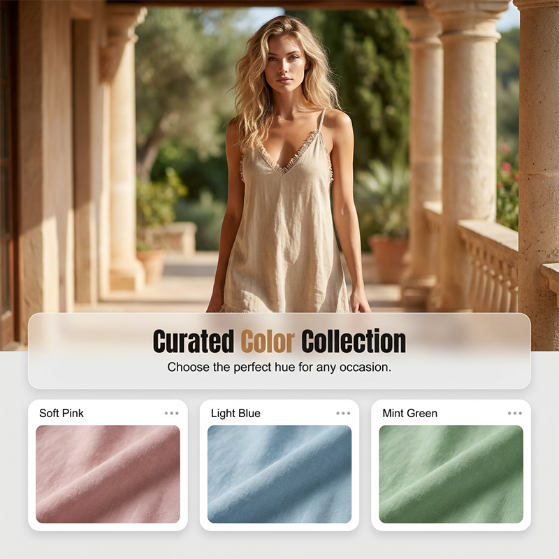 👗 50% DE RÉDUCTION ✨ Mini-robe nuisette à col en V et bords effilochés – Satin léger & coupe fluide – Parfaite pour superposer ou porter seule – look bohème chic pour les journées chaudes 🌸