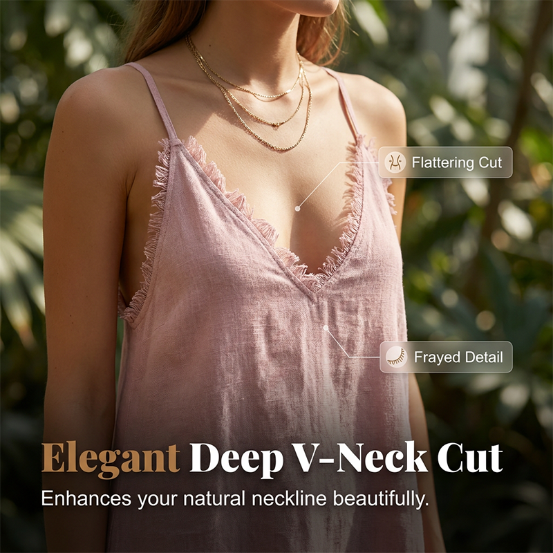 👗 50% DE RÉDUCTION ✨ Mini-robe nuisette à col en V et bords effilochés – Satin léger & coupe fluide – Parfaite pour superposer ou porter seule – look bohème chic pour les journées chaudes 🌸