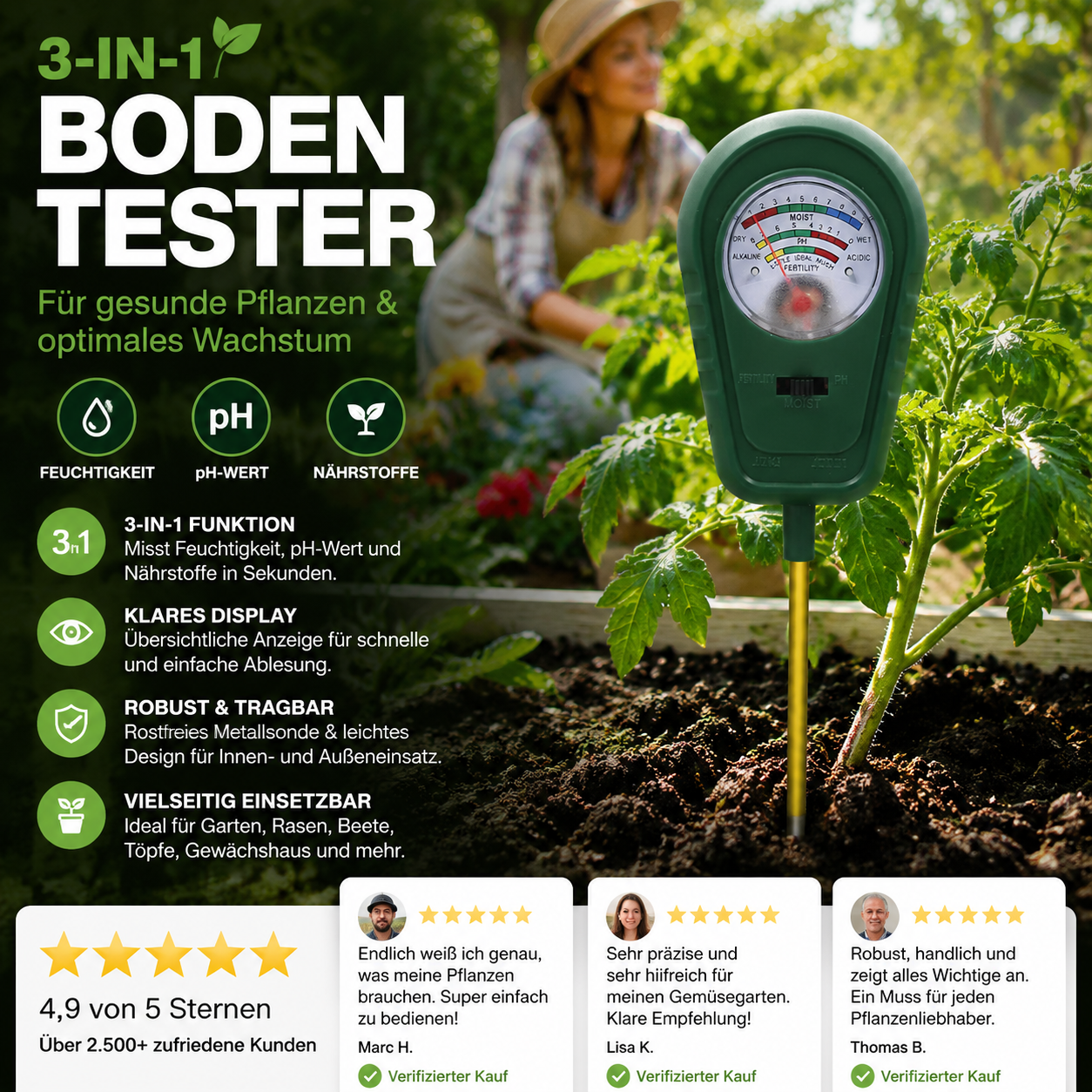🌱 50 % DE RÉDUCTION ! 🔥 Analyseur de sol 3 en 1 avec affichage à aiguille – Mesure le pH, l'humidité et la luminosité – Idéal pour le jardin, la pelouse ou les plantes en pot – Montage facile, sans piles 🌿