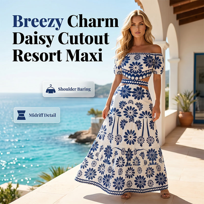🌺🌴OFFRE LIMITÉE 50% DE RÉDUCTION🍹Robe de Resort Imprimé Daisy à Épaules Dénudées et Découpe à la Taille pour Femme – Silhouette Fluide, Charme Floral, Légère & Aérée – Parfaite pour Vacances à la Plage, Croisières & Escapades Estivales ☀️🌸