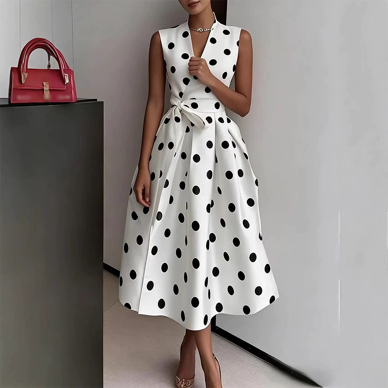 👗 PROMO LIMITÉE 50% DE RÉDUCTION ! 💥 Robe Femme Sans Manches Col V à Pois – Classique, Ceinture Ajustable, Polyvalente ✨
