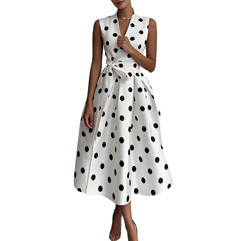 👗 PROMO LIMITÉE 50% DE RÉDUCTION ! 💥 Robe Femme Sans Manches Col V à Pois – Classique, Ceinture Ajustable, Polyvalente ✨