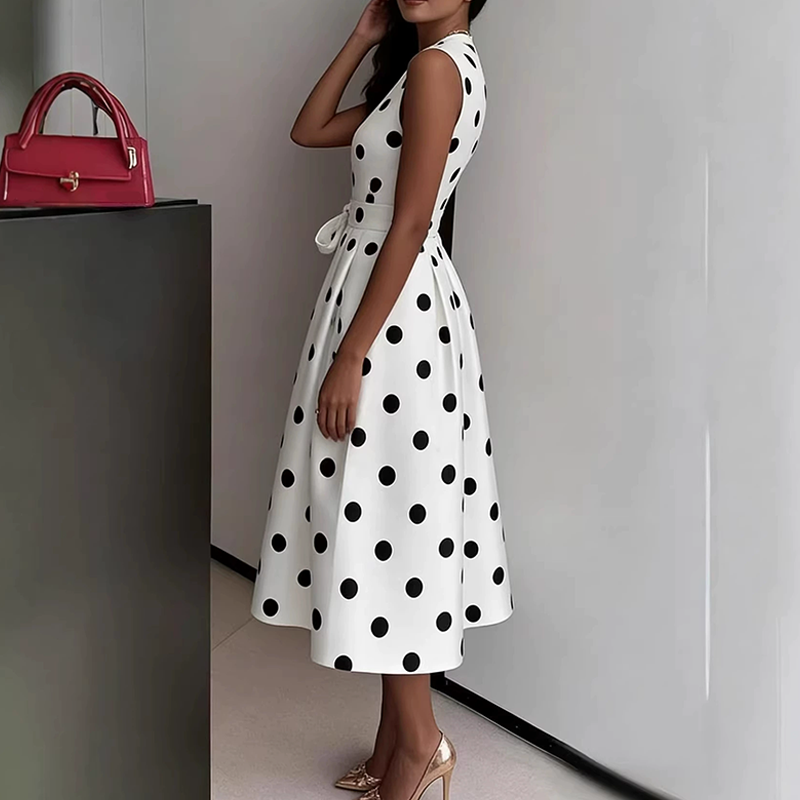 👗 PROMO LIMITÉE 50% DE RÉDUCTION ! 💥 Robe Femme Sans Manches Col V à Pois – Classique, Ceinture Ajustable, Polyvalente ✨