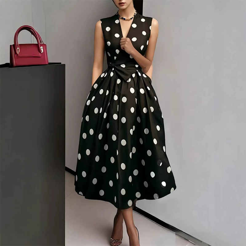 👗 PROMO LIMITÉE 50% DE RÉDUCTION ! 💥 Robe Femme Sans Manches Col V à Pois – Classique, Ceinture Ajustable, Polyvalente ✨