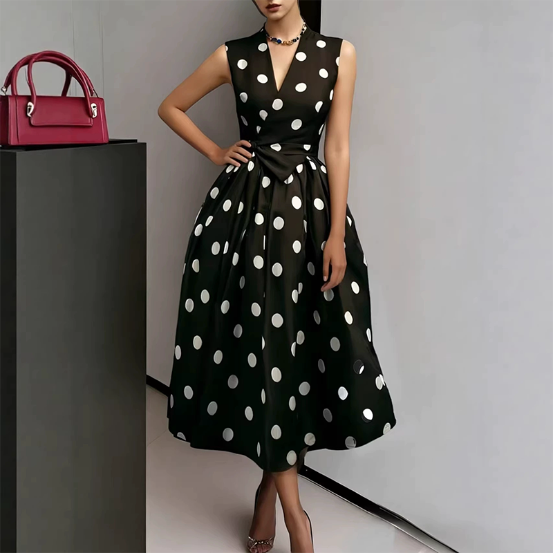 👗 PROMO LIMITÉE 50% DE RÉDUCTION ! 💥 Robe Femme Sans Manches Col V à Pois – Classique, Ceinture Ajustable, Polyvalente ✨