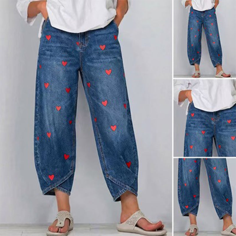 Jean Baggy Femme à Imprimé Cœurs