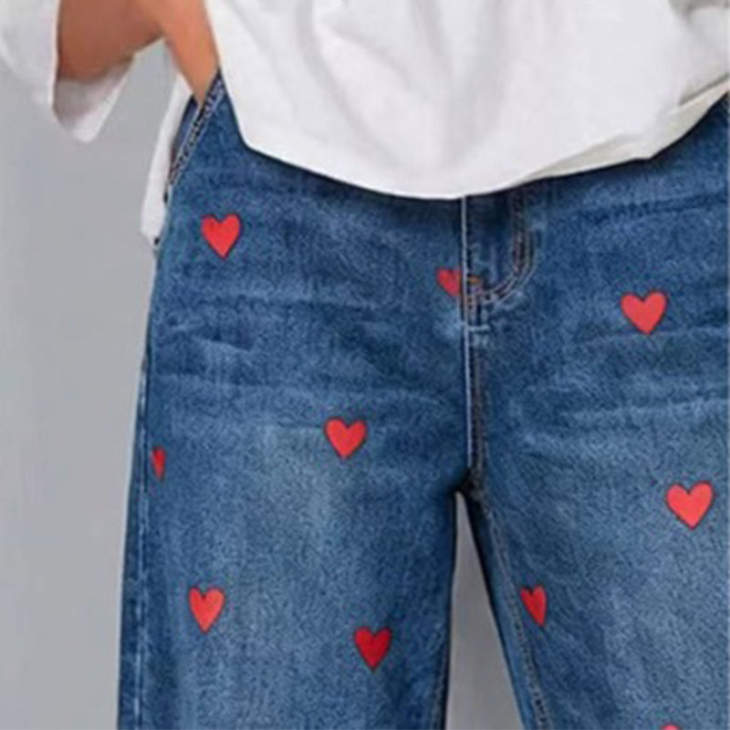 Jean Baggy Femme à Imprimé Cœurs