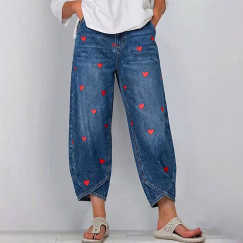 Jean Baggy Femme à Imprimé Cœurs